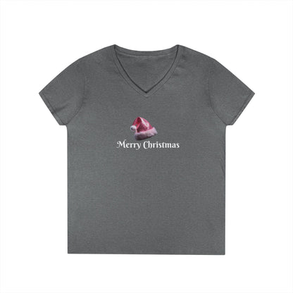 Merry Christmas with Pink Santa Hat Ladies' V-Neck T-Shirt