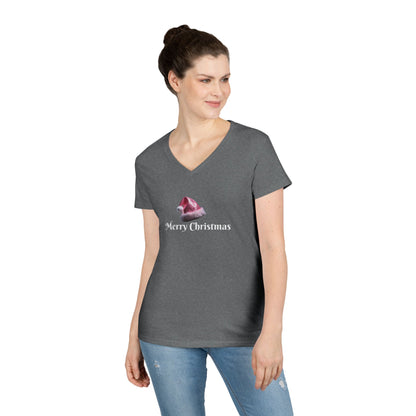 Merry Christmas with Pink Santa Hat Ladies' V-Neck T-Shirt