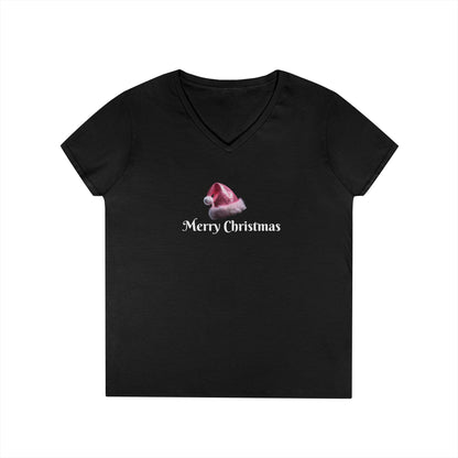 Merry Christmas with Pink Santa Hat Ladies' V-Neck T-Shirt