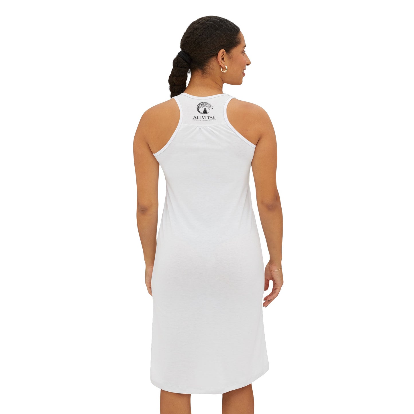 Allvitae White with Black Logo Women's Racerback Dress (AOP)