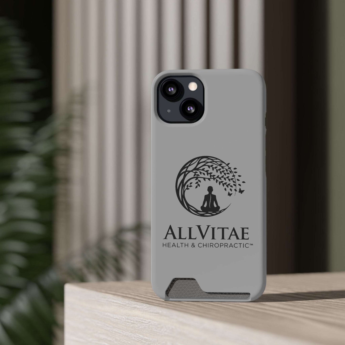 Allvitae Phone Case With Card Holder Lt Gray and Black Logo