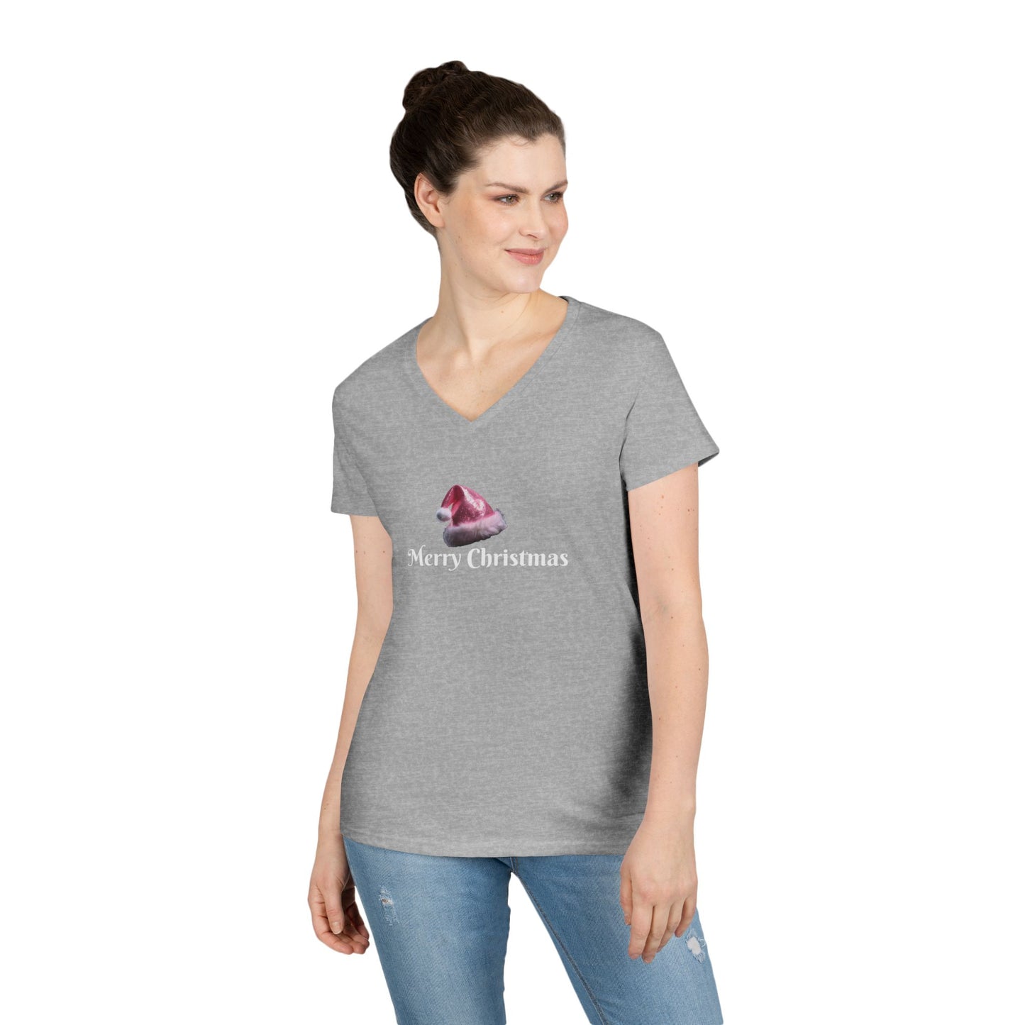 Merry Christmas with Pink Santa Hat Ladies' V-Neck T-Shirt