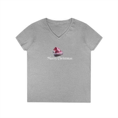 Merry Christmas with Pink Santa Hat Ladies' V-Neck T-Shirt