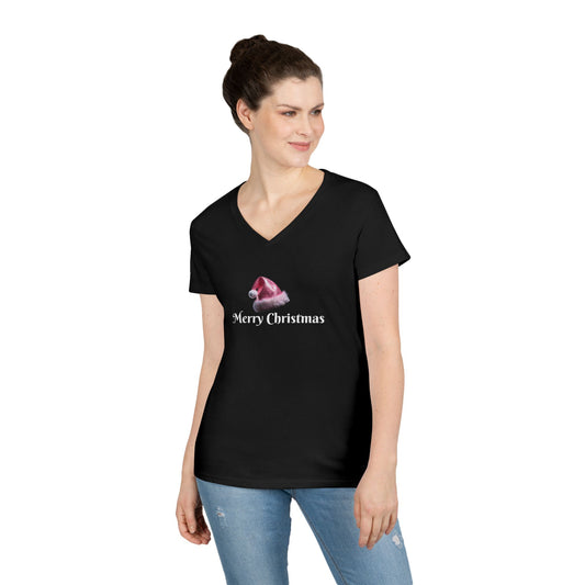 Merry Christmas with Pink Santa Hat Ladies' V-Neck T-Shirt