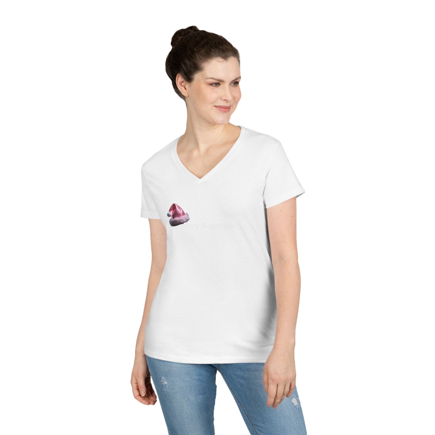 Mary Pink Hat Christmas Ladies' V-Neck T-Shirt Slim Fit