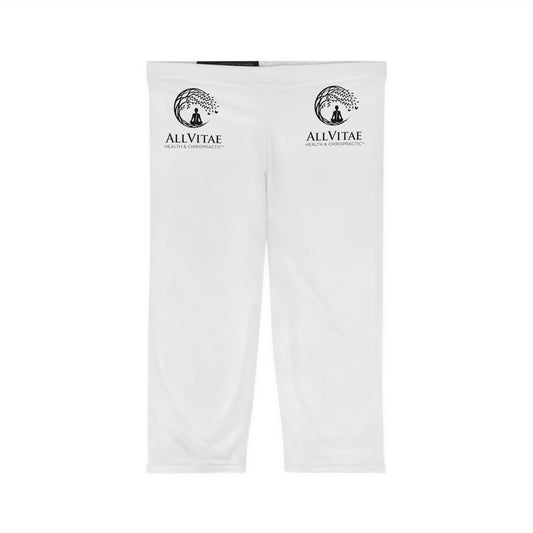 Allvitae White with Black Logo. Women’s Capri Leggings (AOP)