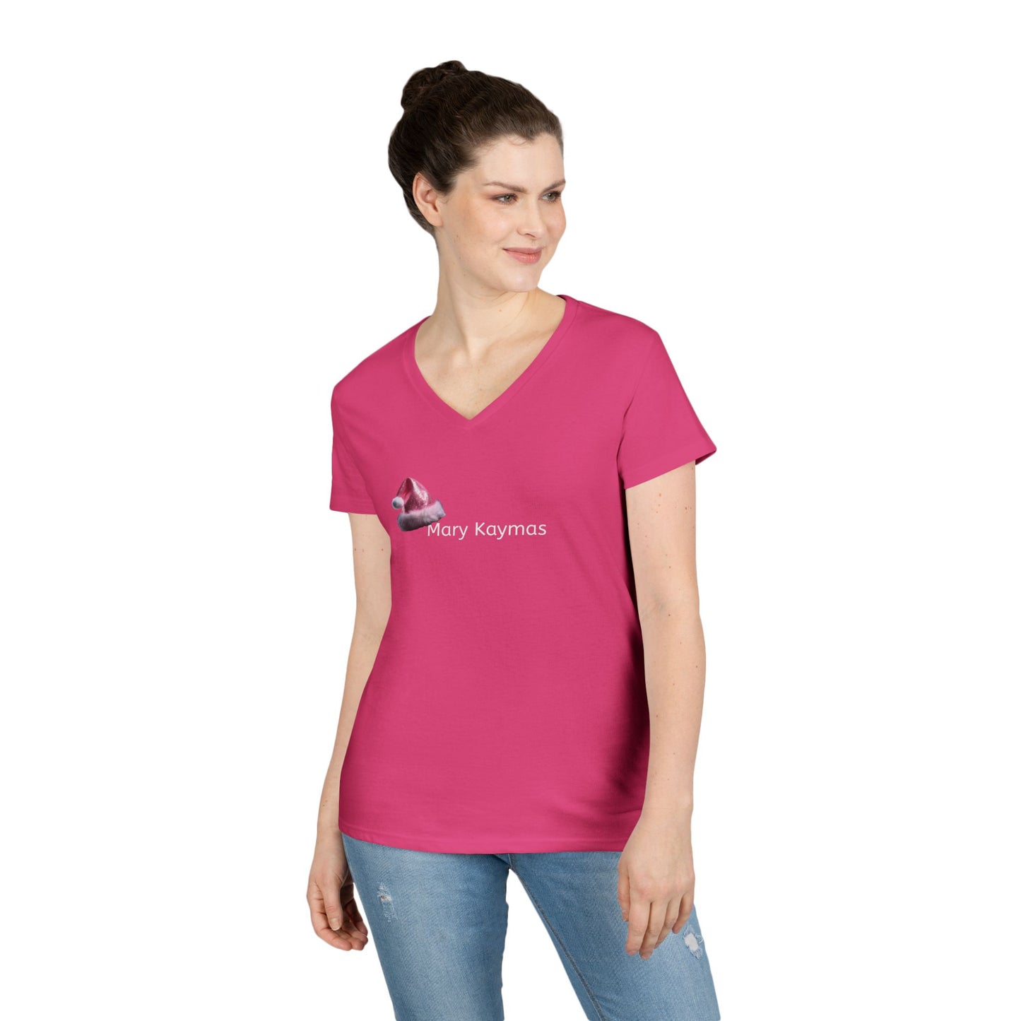 Mary Pink Hat Christmas Ladies' V-Neck T-Shirt Slim Fit