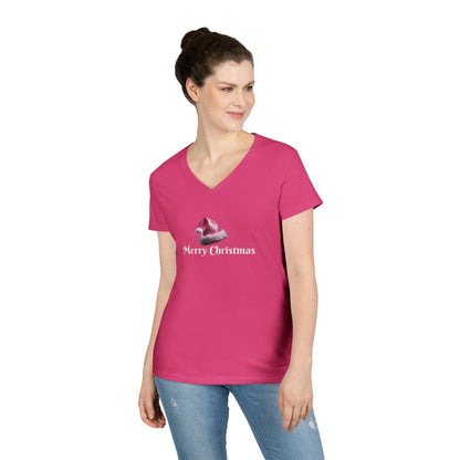 Merry Christmas with Pink Santa Hat Ladies' V-Neck T-Shirt