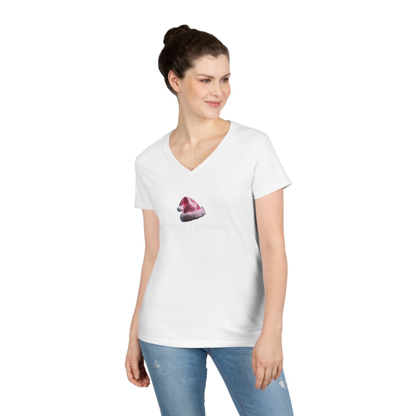 Merry Christmas with Pink Santa Hat Ladies' V-Neck T-Shirt