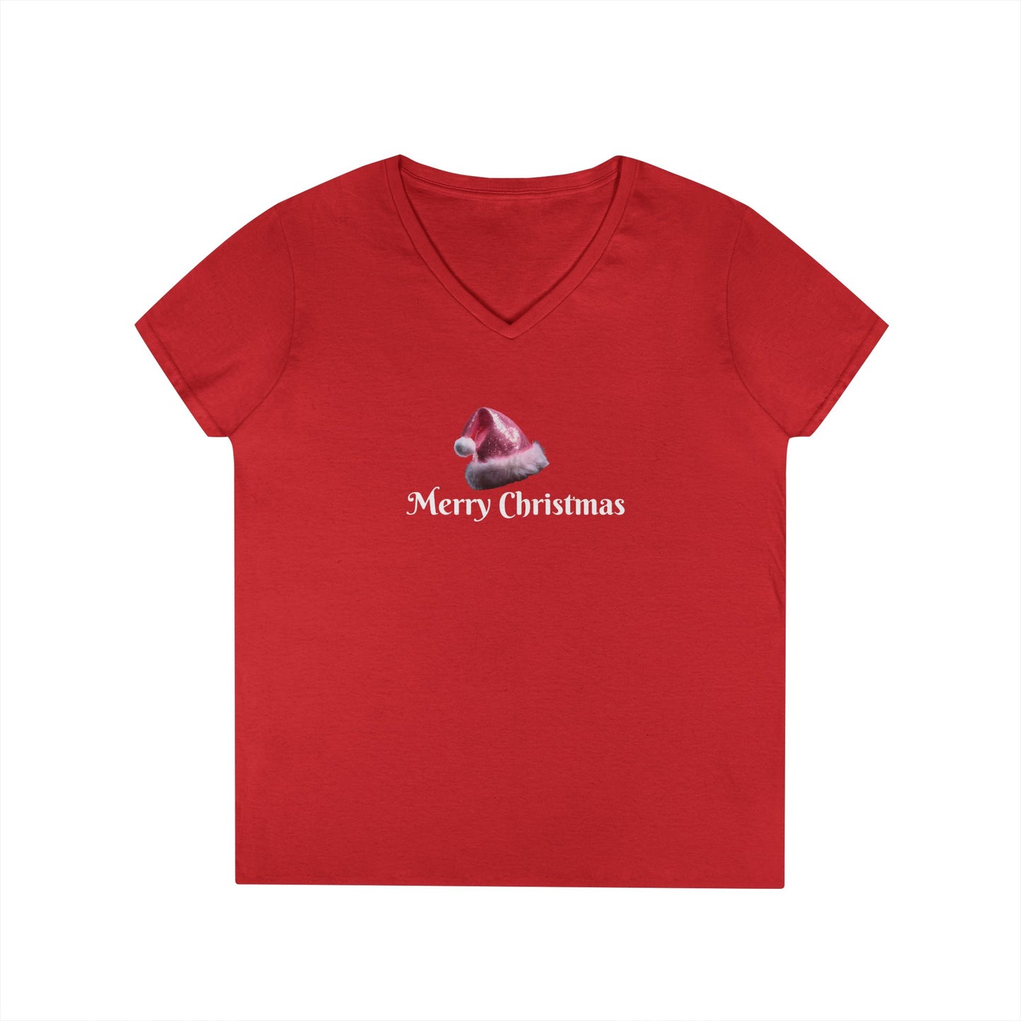 Merry Christmas with Pink Santa Hat Ladies' V-Neck T-Shirt