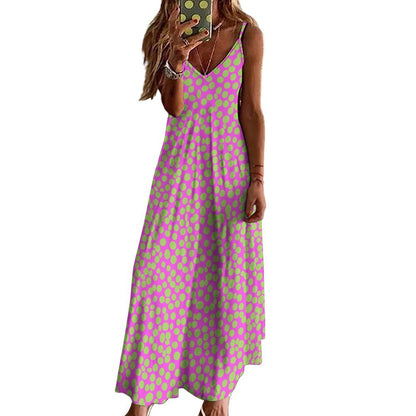 Miniaday Designs Retro Bloom Colleciton Spaghetti Strap Ankle-Length Dress Long Dress Pink - Miniaday Designs, LLC.