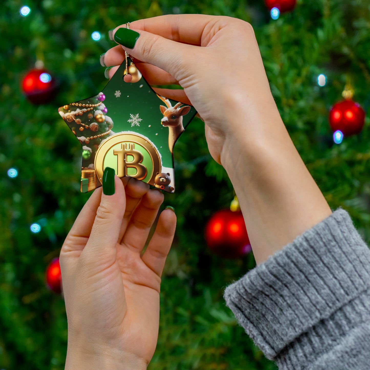 Reindeer, Bitcoin Christmas Ceramic Ornament, 4 Shapes