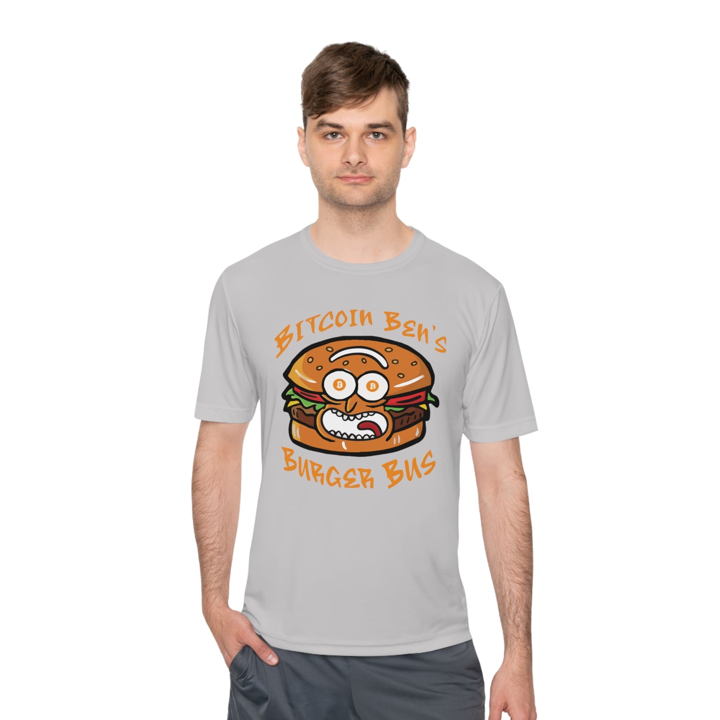 Miniaday Designs Bitcoin Ben Burger Bus Sport Tek Unisex Moisture Wicking Tee