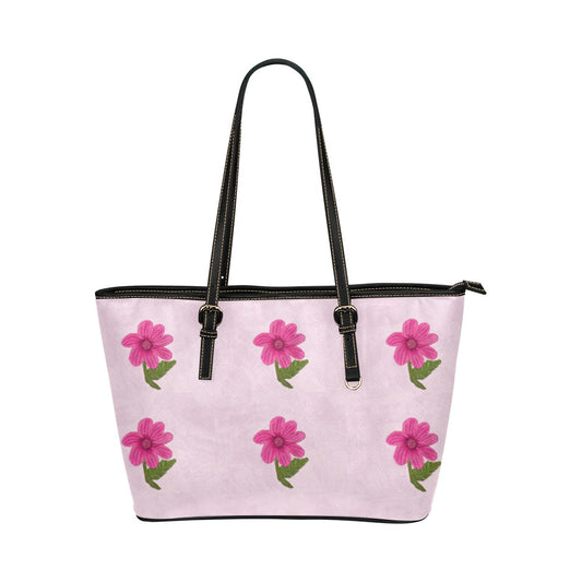 Pink Flowers Purse Leather Tote Bag/Small (Model 1651)