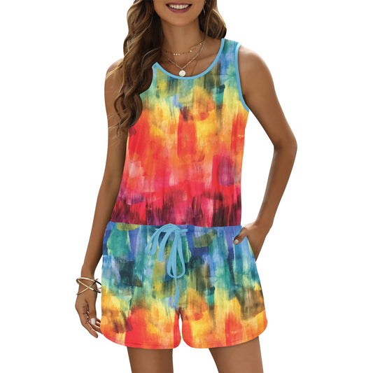 Sara's  Watercolor All Over Print Vest Short Jumpsuit