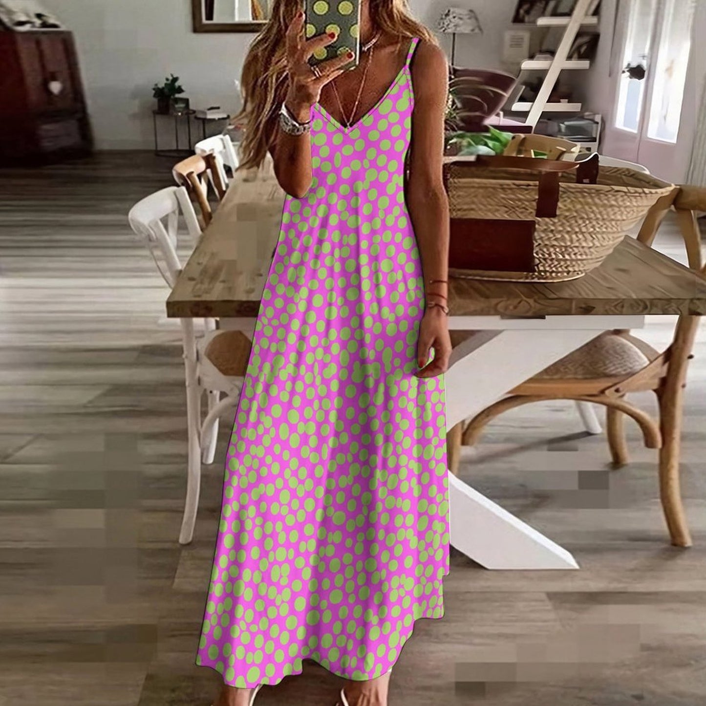 Miniaday Designs Retro Bloom Colleciton Spaghetti Strap Ankle-Length Dress Long Dress Pink - Miniaday Designs, LLC.