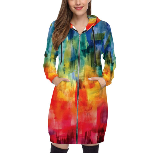 Sara's Rainbow Long Hoodie With Zipper Pockets Women's Sizes - Miniaday Designs, LLC.