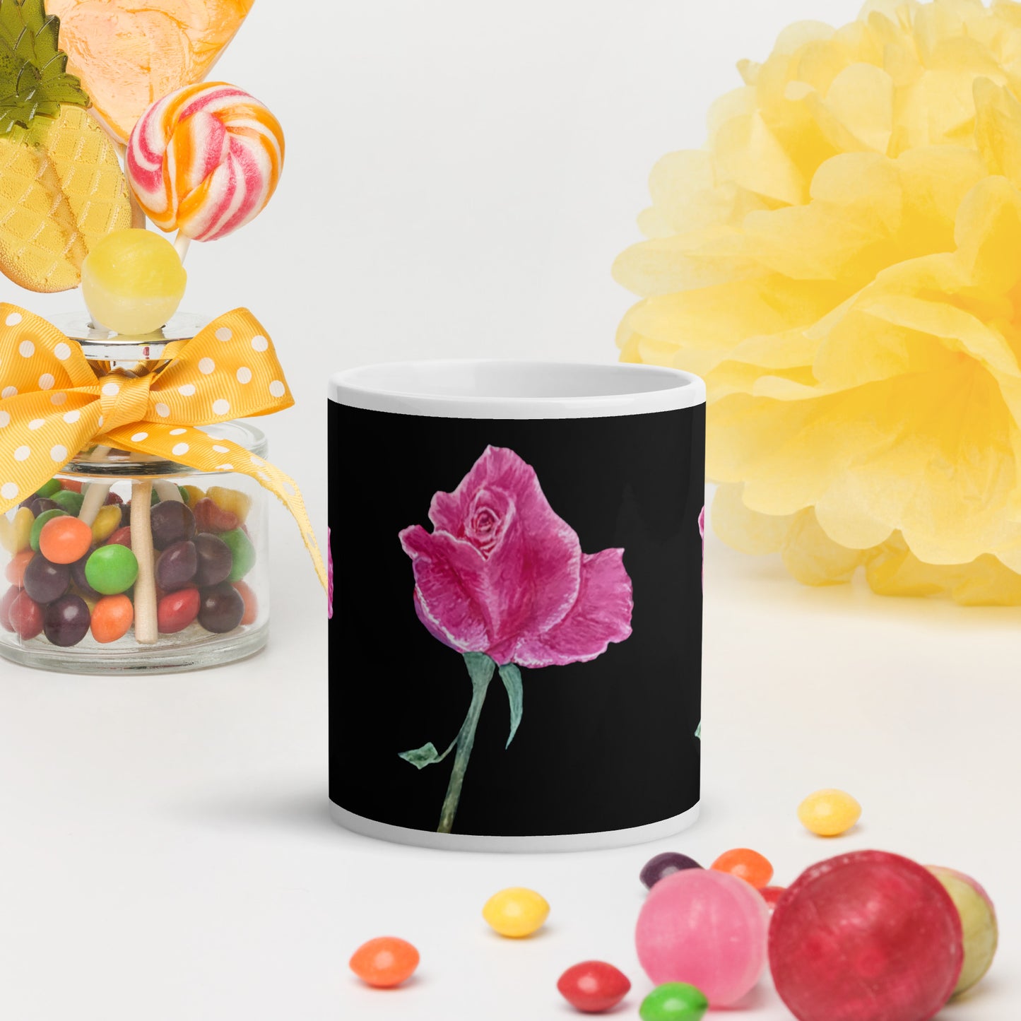 Hand painted Pink Rose on Black Signed White Mug FREE SHIPPING for BULK ORDERS