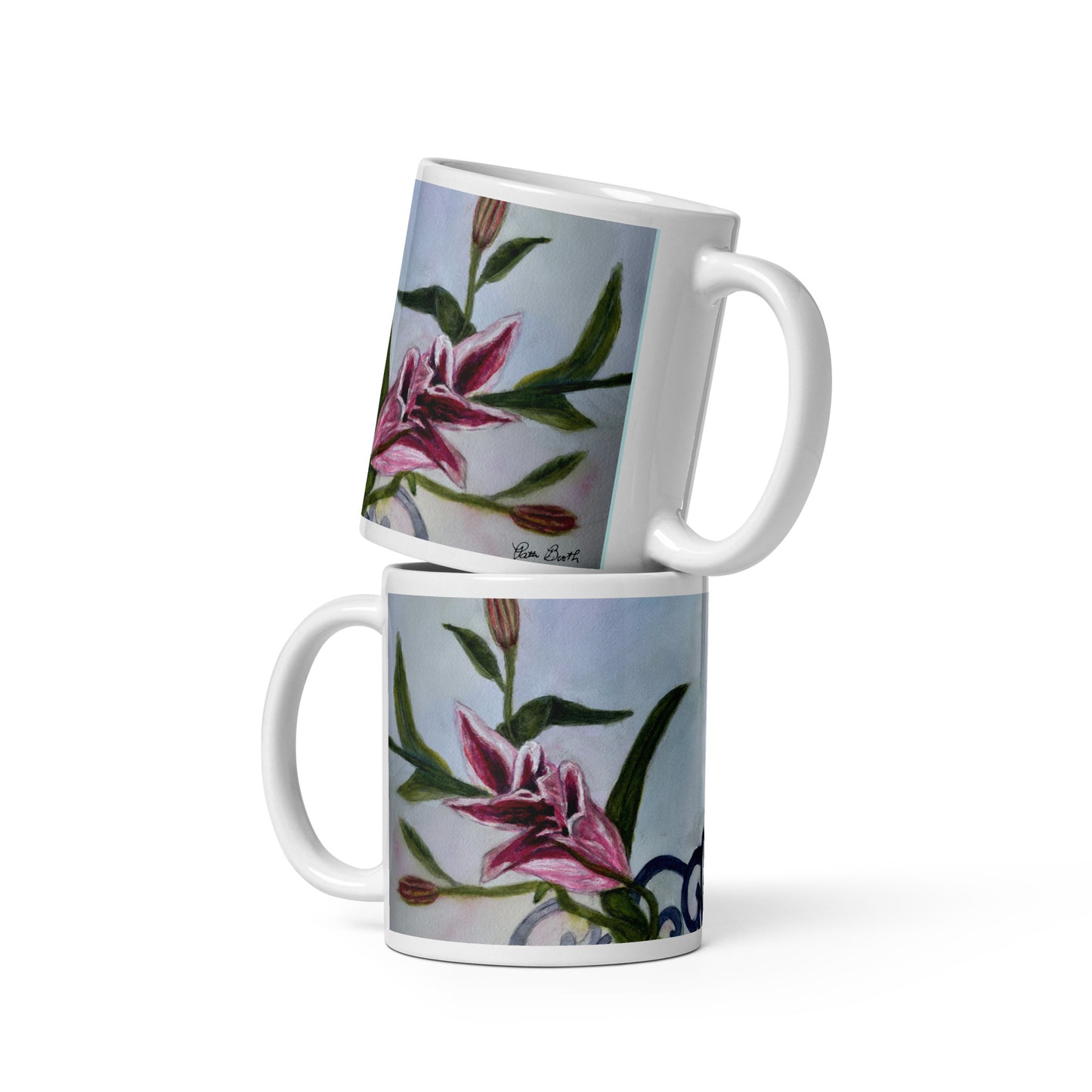 Pink Lily White Mug Signed FREE SHIPPING for BULK ORDERS