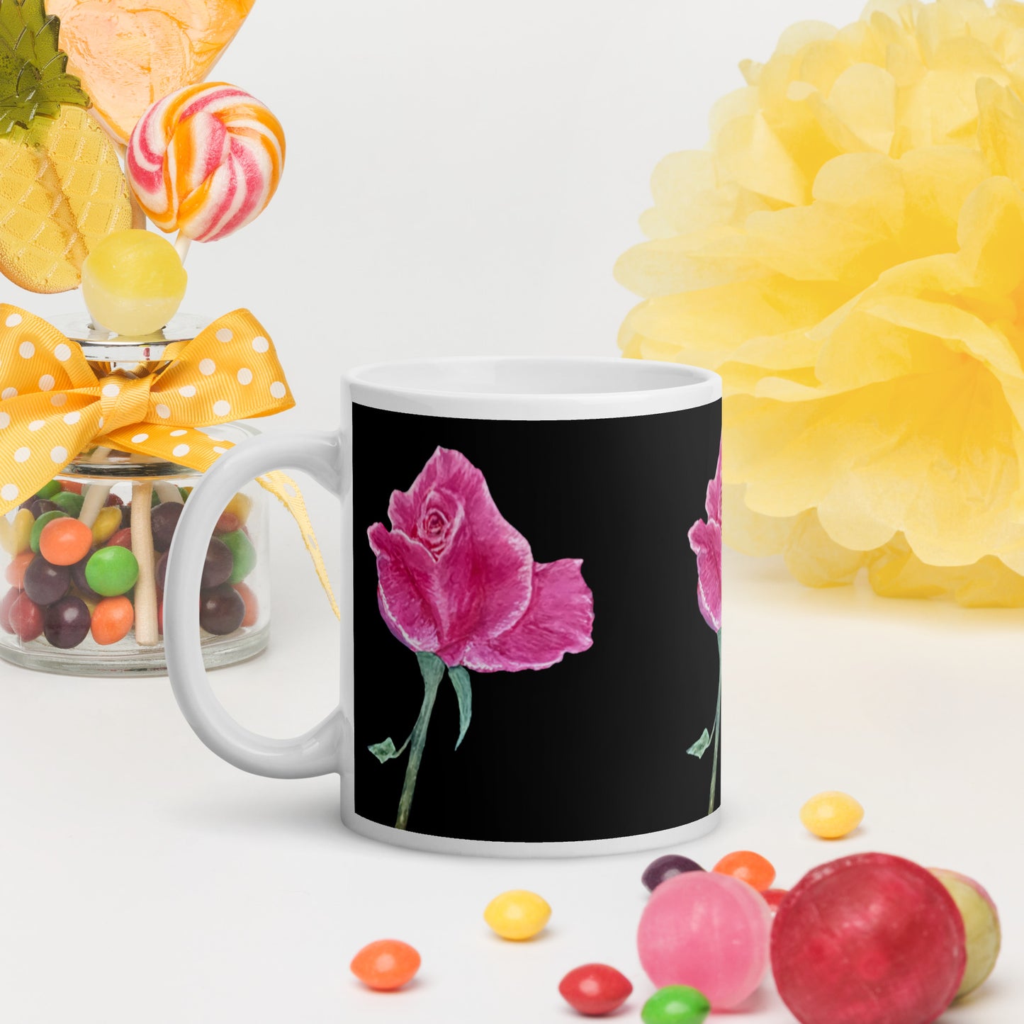 Hand painted Pink Rose on Black Signed White Mug FREE SHIPPING for BULK ORDERS