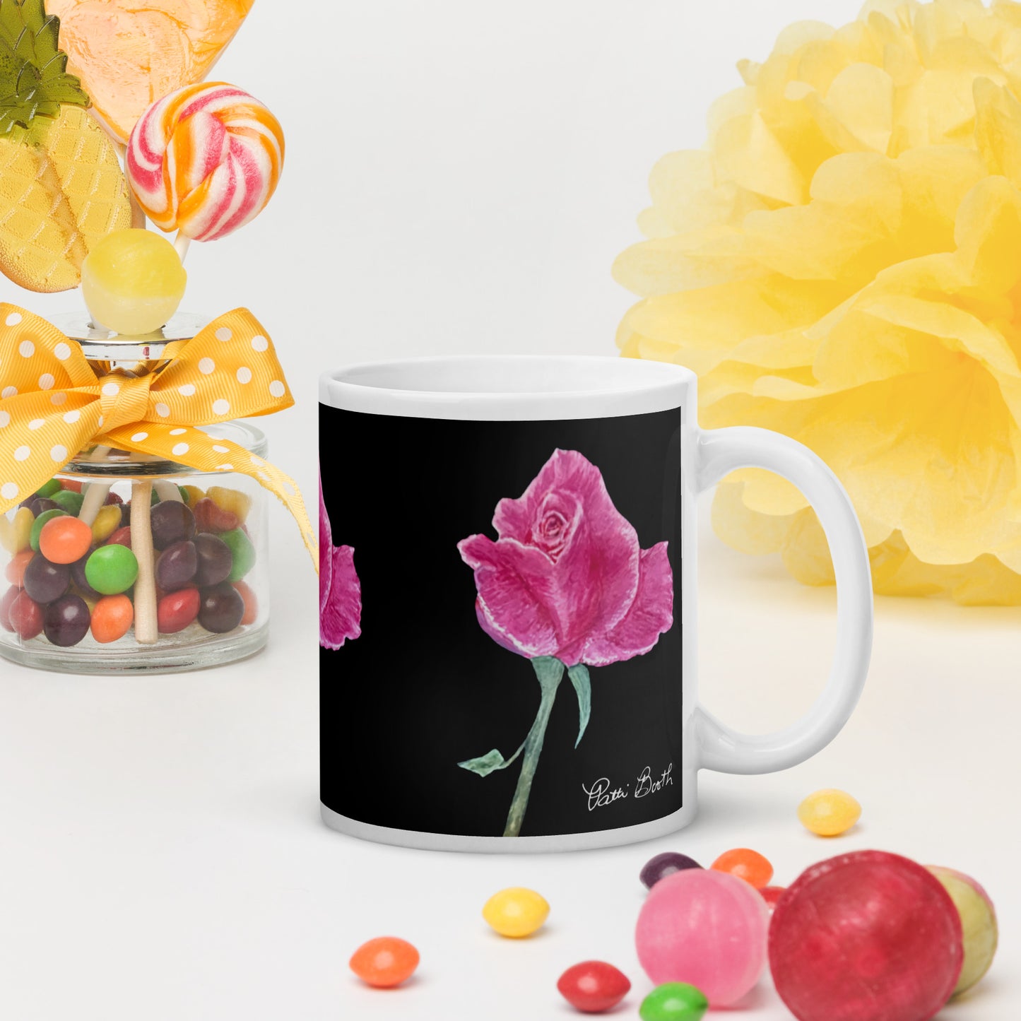 Hand painted Pink Rose on Black Signed White Mug FREE SHIPPING for BULK ORDERS