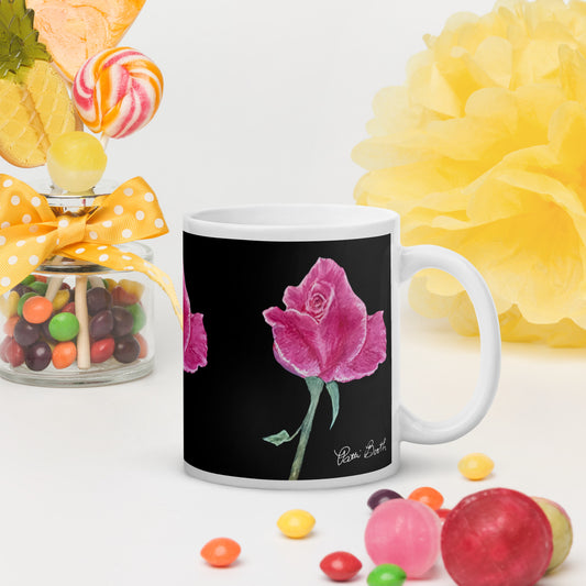 Hand painted Pink Rose on Black Signed White Mug FREE SHIPPING for BULK ORDERS