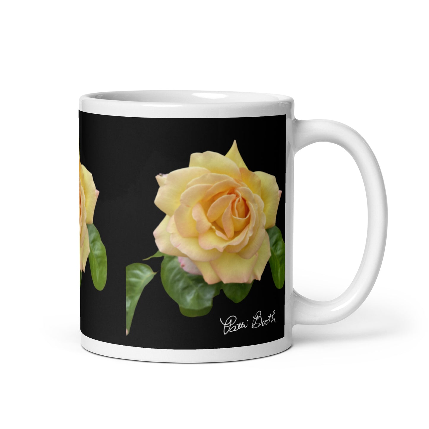 Yellow Rose on Black White Mug Signed FREE SHIPPING for BULK ORDERS