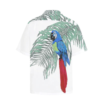 Miniaday Designs Blue Parrot on White Hawaiian Shirt with Chest Pocket - Miniaday Designs, LLC.