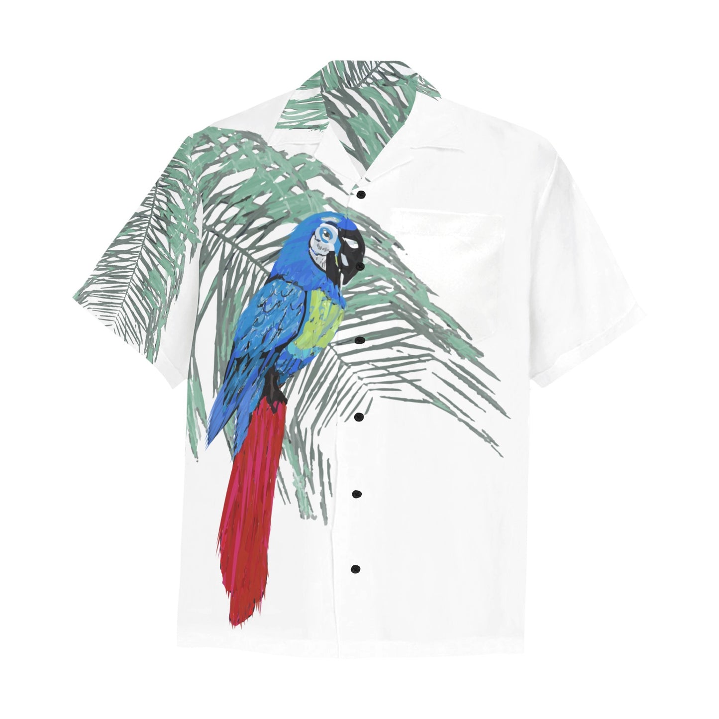 Miniaday Designs Blue Parrot on White Hawaiian Shirt with Chest Pocket - Miniaday Designs, LLC.