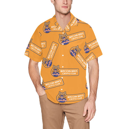 Miniaday Designs Bitcoin Ben Larger Crypto Club on Orange Hawaiian Shirt with Chest Pocket