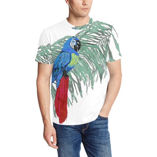 Miniaday Designs Camiseta para hombre Palm and Blue Parrot (cuello de diseño aleatorio)