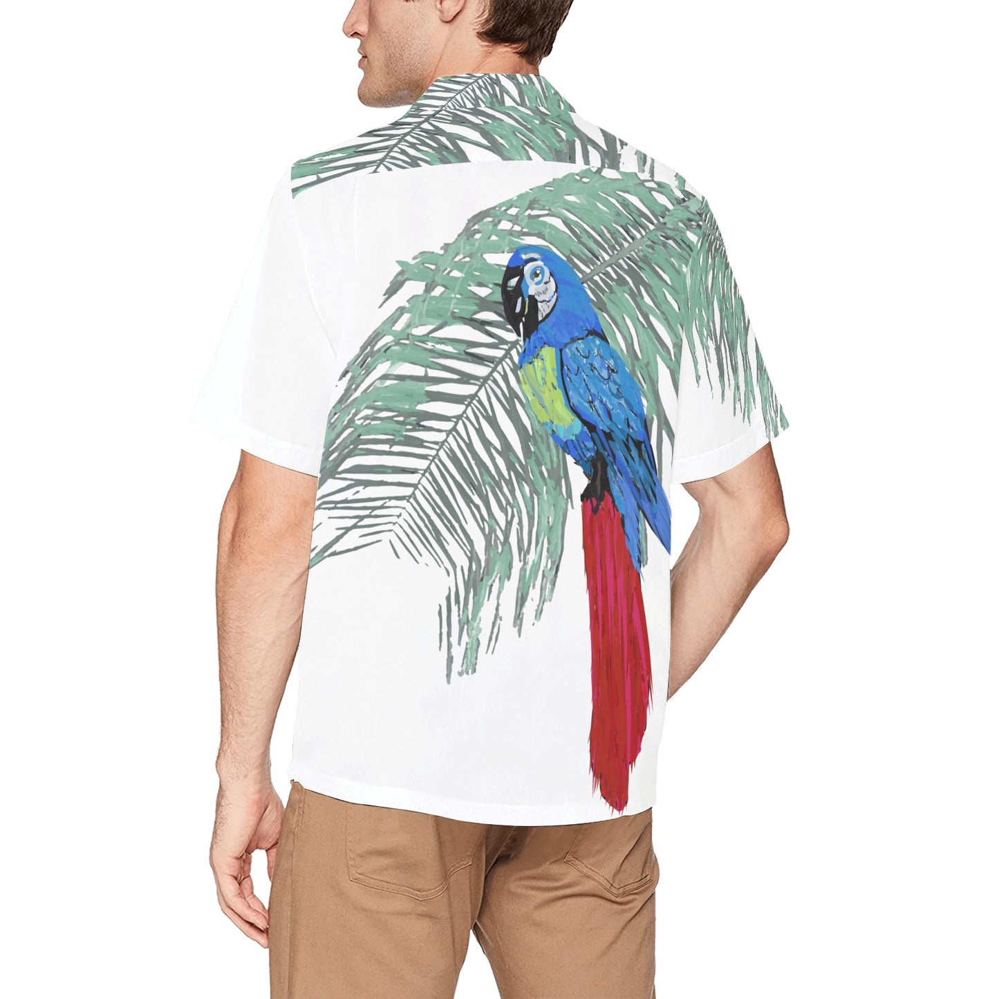 Miniaday Designs Blue Parrot on White Hawaiian Shirt with Chest Pocket - Miniaday Designs, LLC.