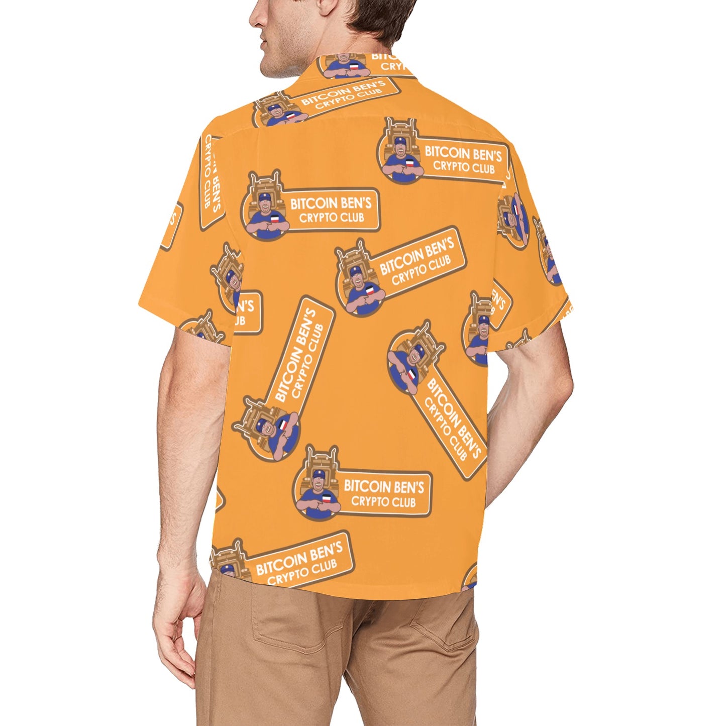 Miniaday Designs Bitcoin Ben Larger Crypto Club on Orange Hawaiian Shirt with Chest Pocket