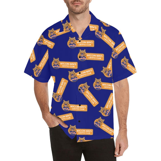 Camisa hawaiana con botones negros y azules claros y múltiples con diseño combinado (Modelo T58)