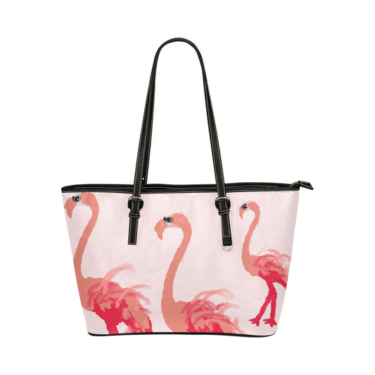 Bolso tote pequeño con flamenco y plumas fucsia sobre melocotón @ Bolso tote de cuero 3x/Pequeño (Modelo 1651)