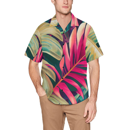 Camisa hawaiana de follaje encantador Camisa hawaiana con bolsillo en el pecho y diseño combinado (T58)