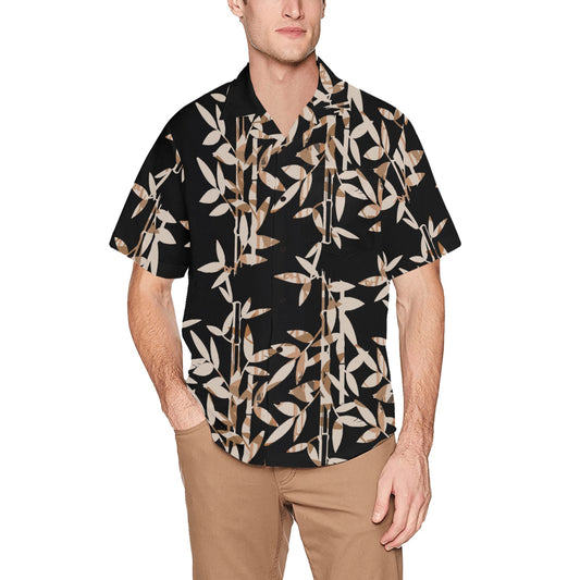 Miniaday Designs Camisa hawaiana de bambú sobre negro con bolsillo en el pecho