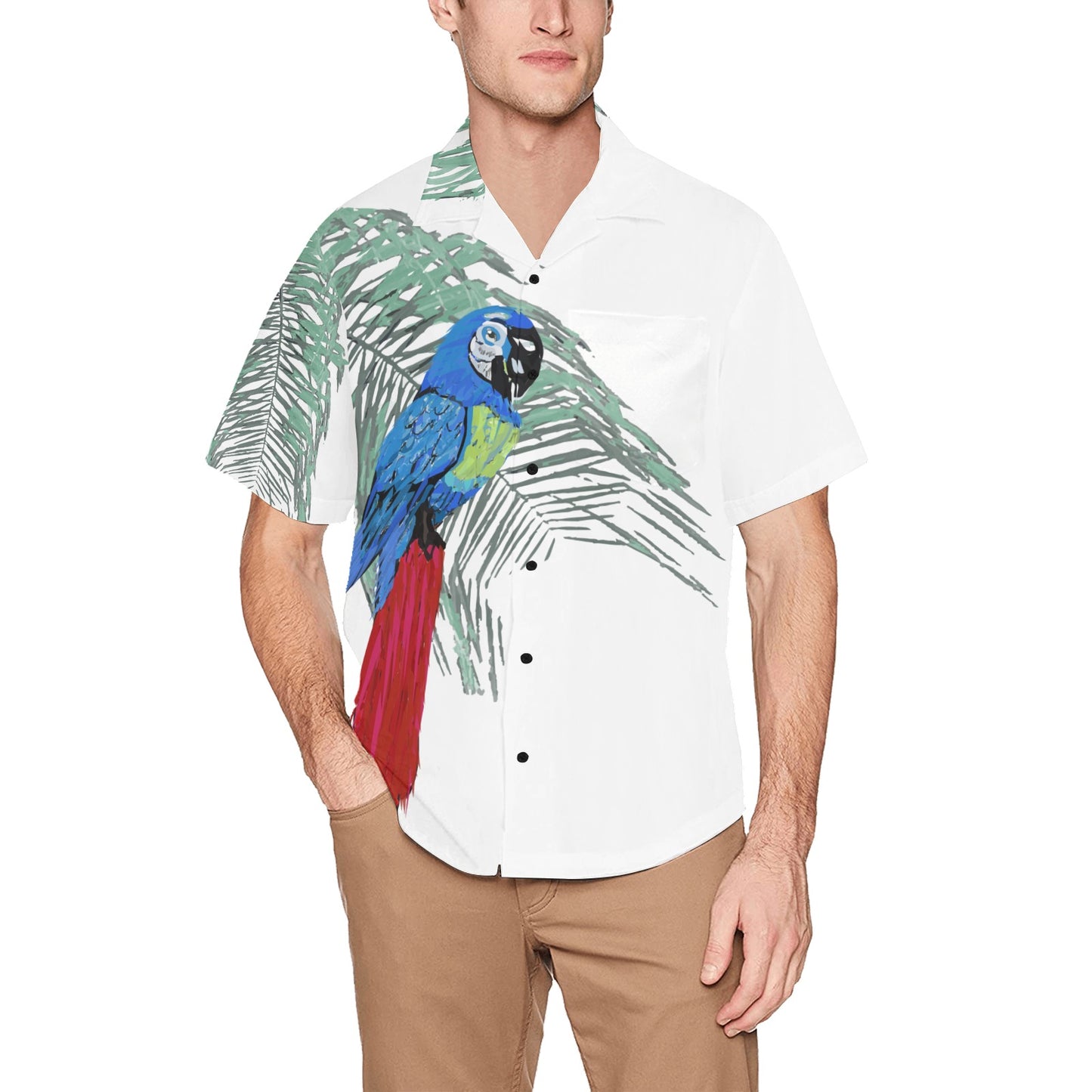 Miniaday Designs Blue Parrot on White Hawaiian Shirt with Chest Pocket - Miniaday Designs, LLC.